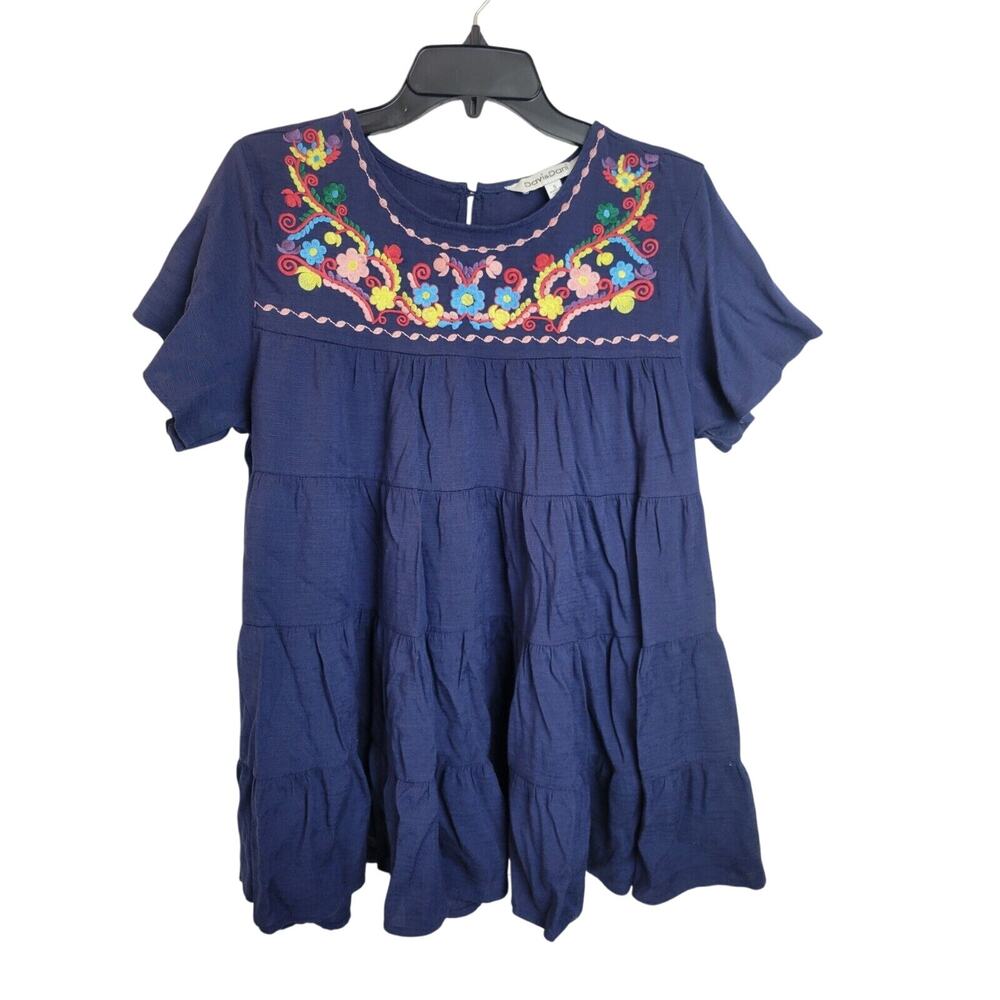Davi&Dani Women's Baby doll Navy Blue Blouse‎ top Embroidered Rayon Size Small